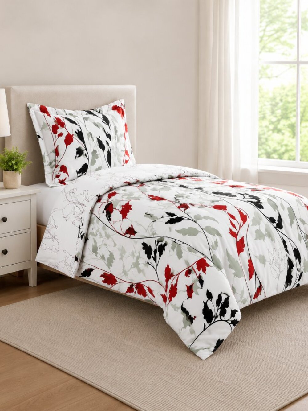 Duvet Cover & 1 Red Scrolling Vine Sham Twin Mini Set Printed Brush Bedding